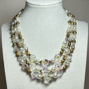 Vintage aurora Borealis faceted Crystal glass textured gold beads faux pearls